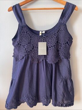 Anthropologie Y2K NWT Navy Crochet Yoke blouse summer top